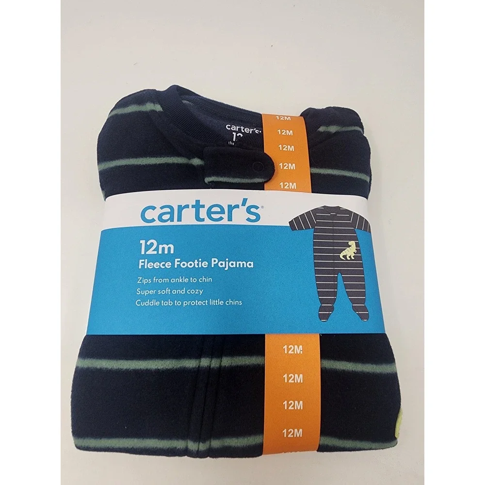 Carter's Boys Fleece Footie Pajama Blue Striped Dinosaur Casual Size 12 Month